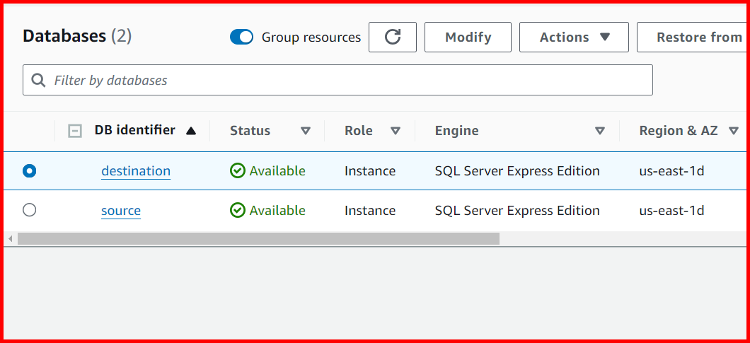 Picture showing the source and destination RDS databases created in AWS console